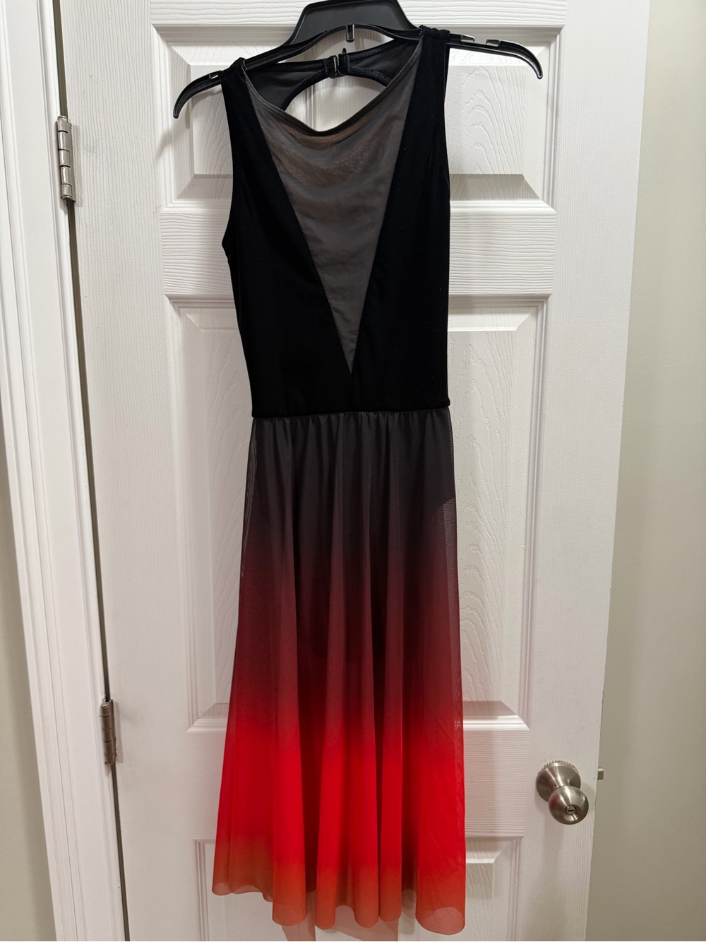 Weissman LA Black to Red Ombré Mesh Midi Dress with Sheer V-Inset